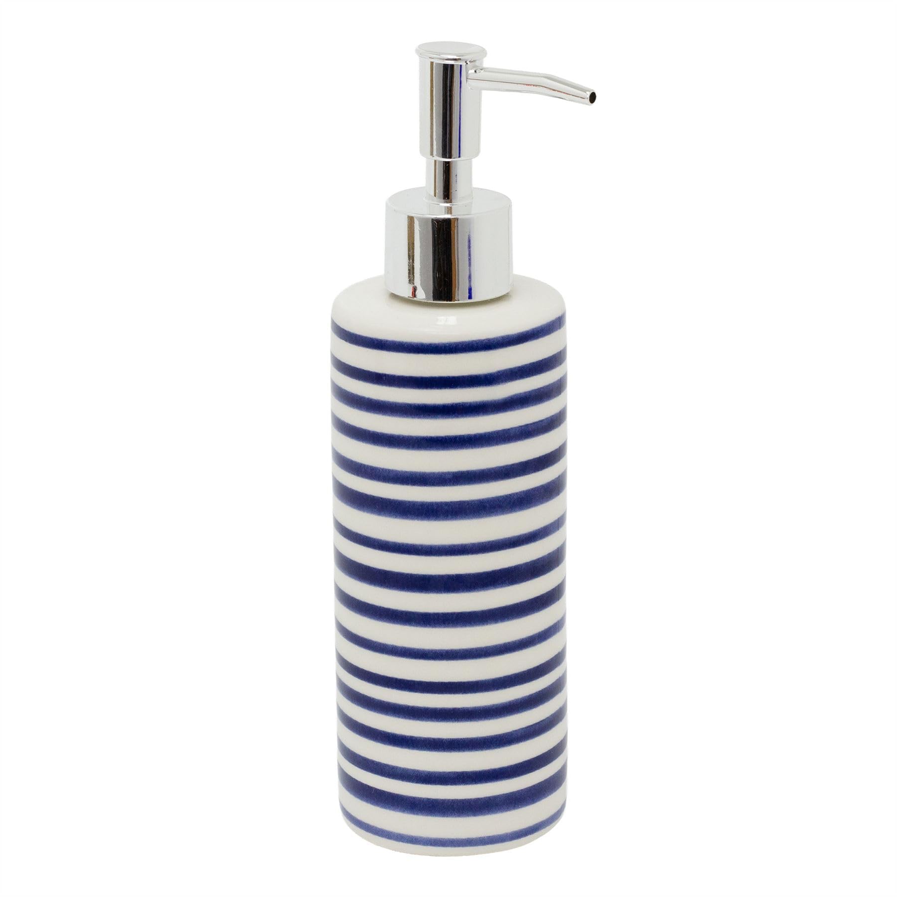 Carousel Home White Jeff Banks Ceramic Soap Dispenser, 21Cm Blue & Stripes Bathroom And Kitchen Hand Wash Dispenser With Pump