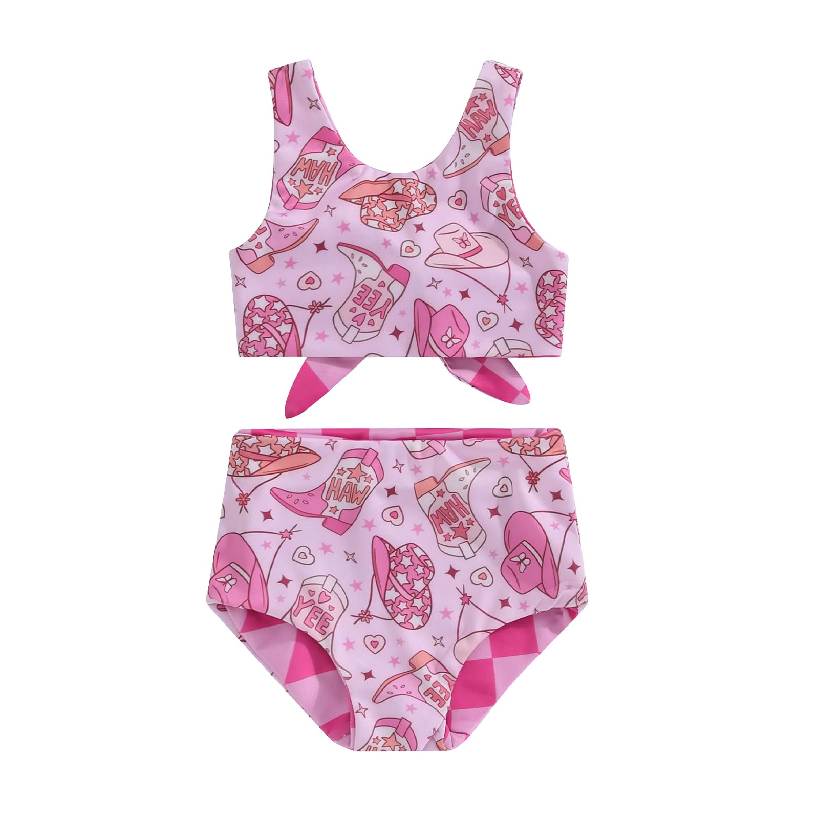GOOCHEER Toddler Baby Girls Swimsuit Summer Two Pieces Floral Print Beach Bikini Set Sleeveless Swimwear Bathing Suit (Cowgirl/Checkered, 18-24 Months)