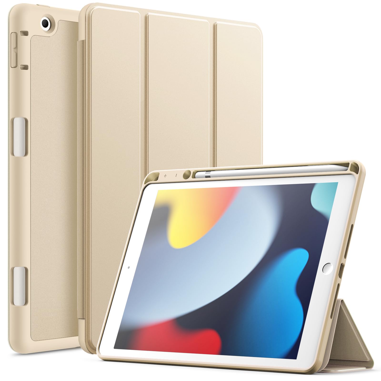 JETech Case for iPad 10.2 Inch 2021/2020/2019 (9th/8th/7th) Model with Pencil Holder, Slim Tablet Cover with Soft TPU Back, Auto Wake/Sleep (Beige)