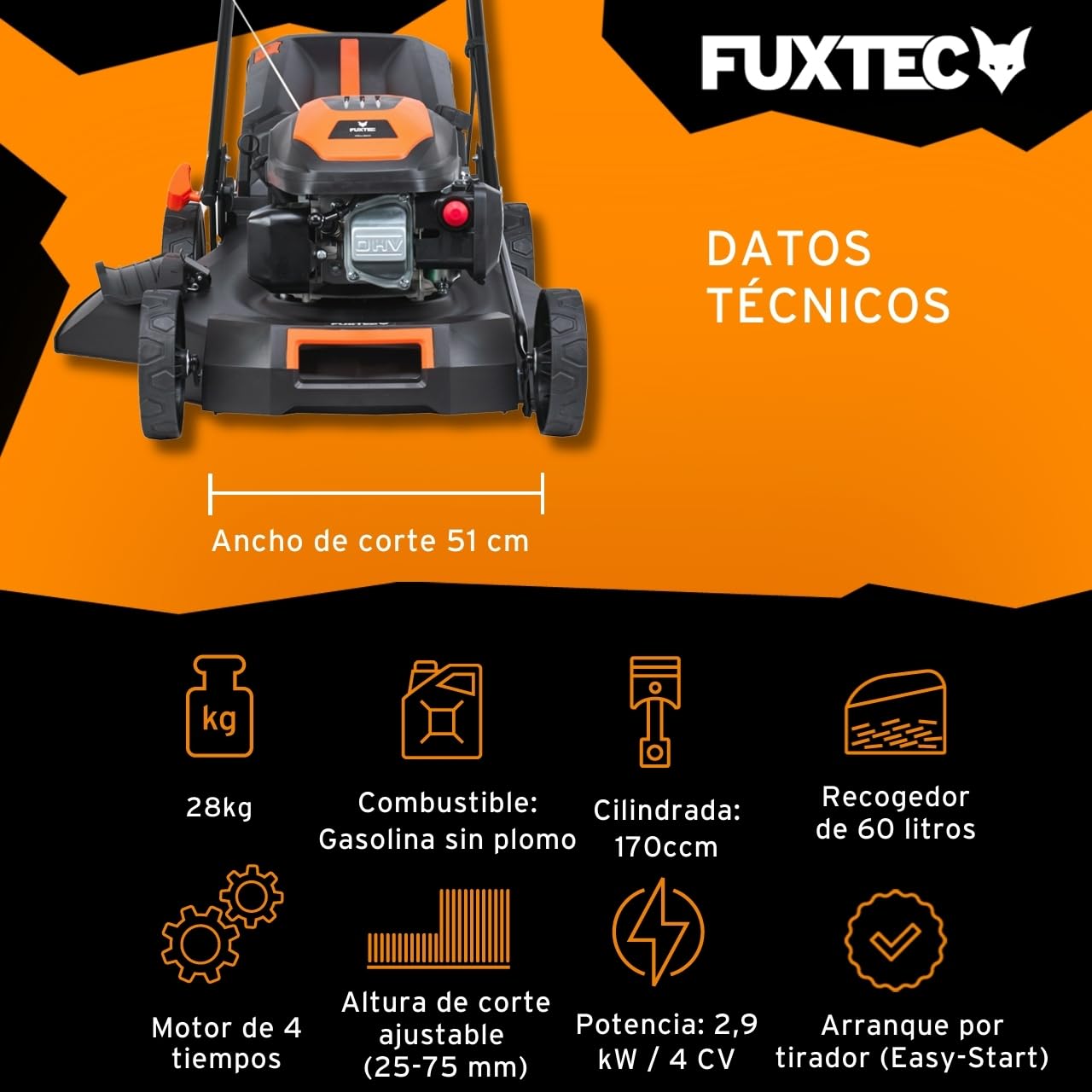 Cortacésped autopulsado de Gasolina FUXTEC FX-RM5170 4 en 1-170 cm³ 4 CV, 4 Tiempo, 51 cm de Ancho de Corte con regulación en 7 Alturas y 60 L de depósito, Funciones Mulching y Eje Lateral