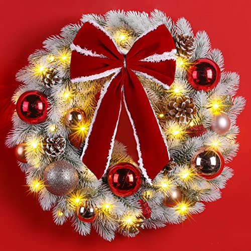 Areker Christmas Wreath With Lights (Timer) 16In Snow White Pre-Lit Christmas Wreath For Front Door Full Of Frosted Branch/Pine Cones/Shiny Balls/Huge Bow,Battery Operated Christmas Wreath 40Led #TOP17