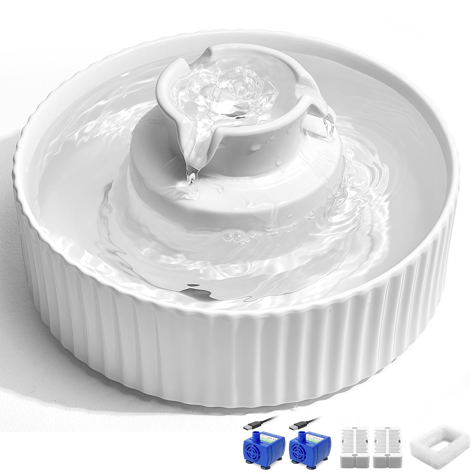 Fuente para gatos de cerámica, 360, 2,1 L, fuente de agua para gatos, cerámica, cuenco para gatos y perros, con filtro de repuesto y bomba inteligente de espuma, color blanco, 2 filtros, 2 bombas