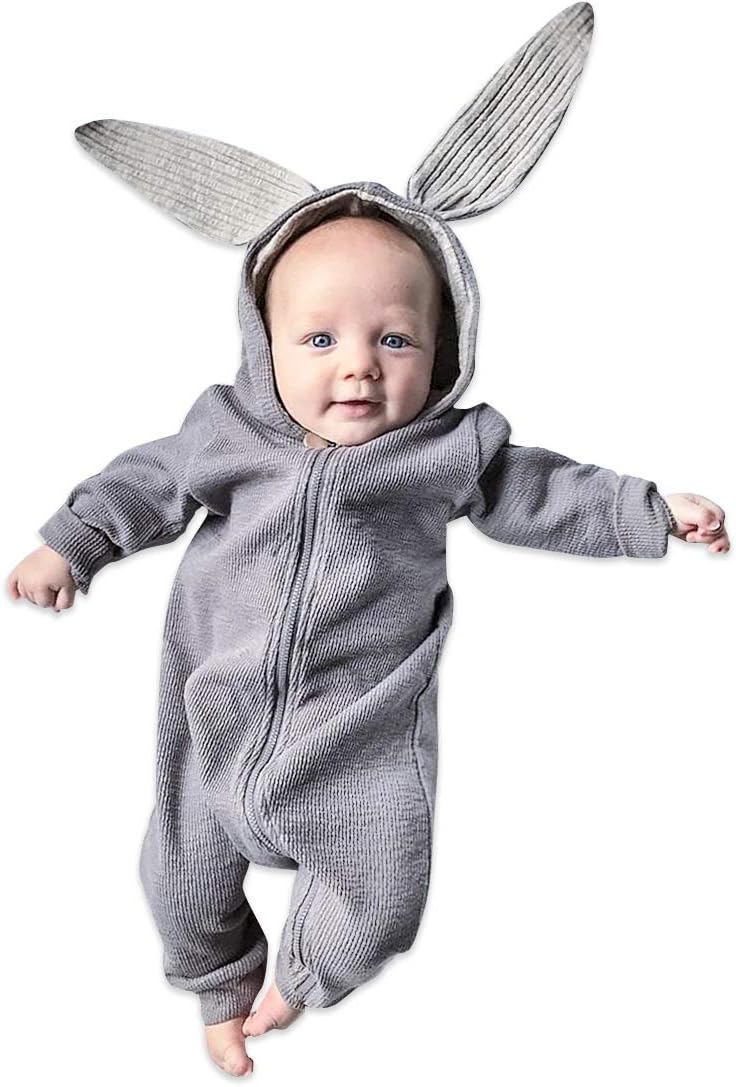 Simplee kids Animal Bunny Baby Easter Romper Long Ear Rabbit Hoodie Romper Jumpsuit with Zipper