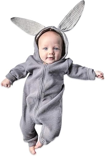 Simplee kids Animal Bunny Baby Easter Romper Long Ear Rabbit Hoodie Romper Jumpsuit with Zipper