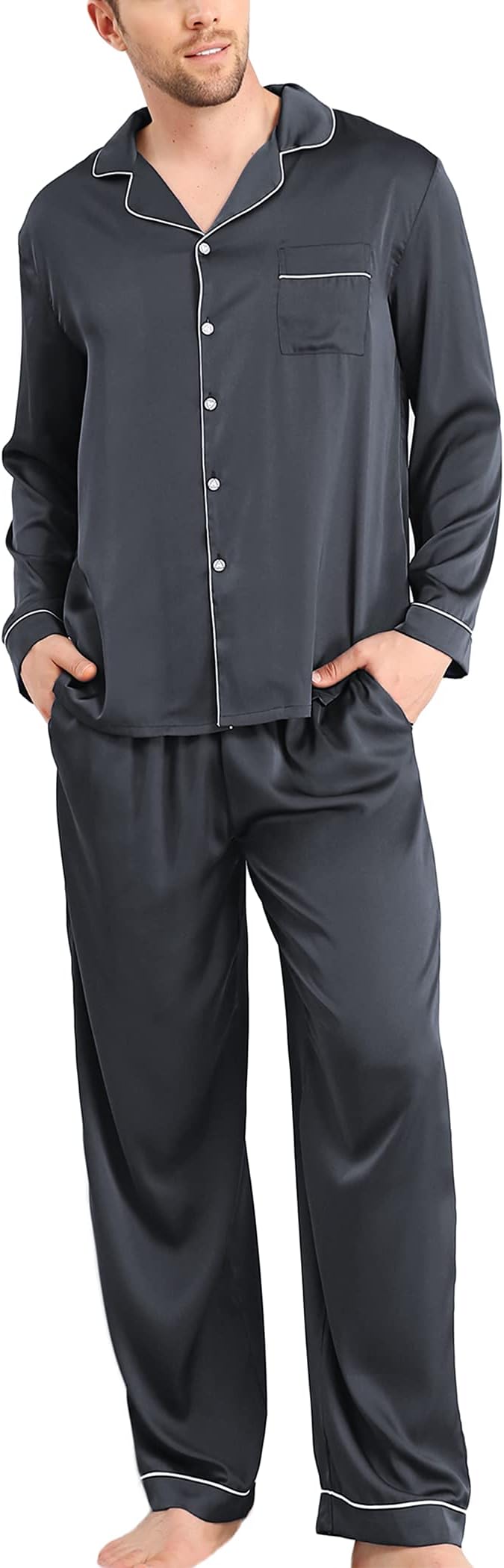 Ekouaer Mens Satin Pajamas Set, Button-Down Short/Long Sleeve Shirt Top Soft Silk Sleepwear Loose Pocket Pant Loungewear