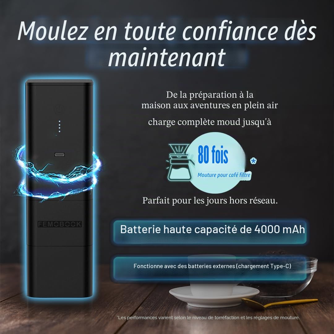 Moulin à café électrique A2 - Noir - Rechargeable - Sans fil - Moulin électrique portable - Pour l'extérieur - Démontage sans outil