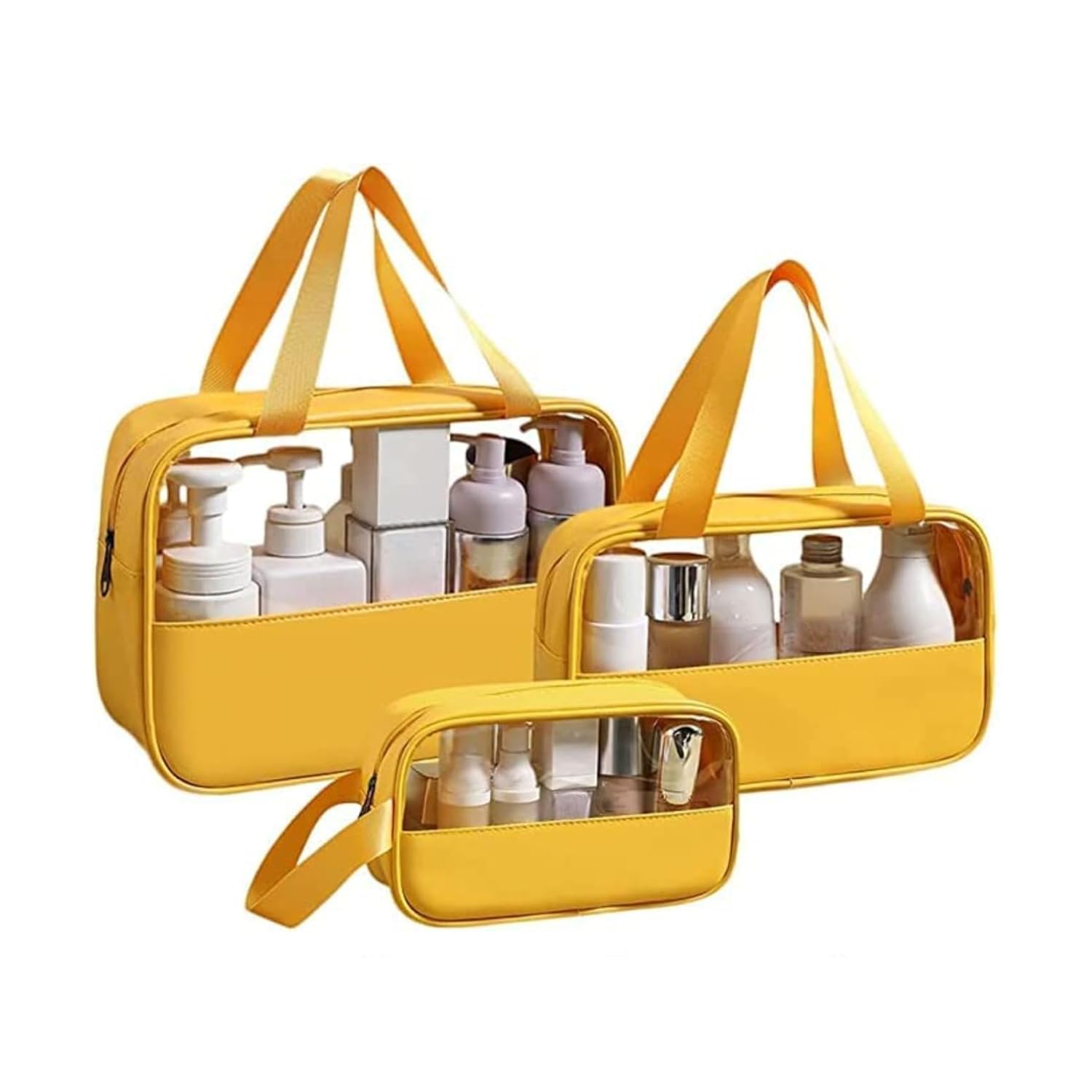 QONETIC Makeup Pouch for Women Set of 3, PVC Clear Cosmetic Bags, Travel Toiletry Organizer, Waterproof Wash Bag, Makeup Bag for Travel, Skincare & Accessories Storage Pouch (Yellow)-picture-34