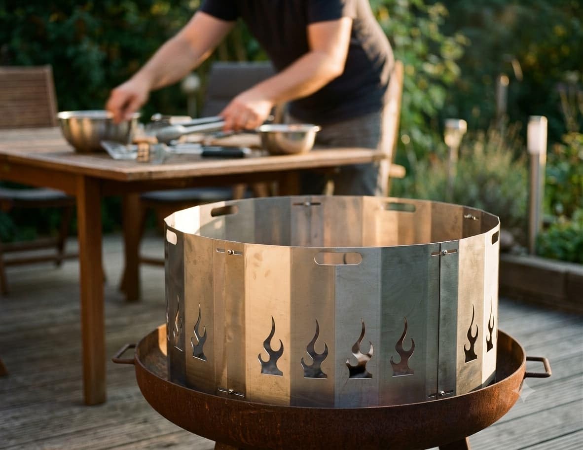 Funkenschutz für Feuerschale 80 cm - Stahl mit Flammenmotiv, 30 cm hoch, hitzebeständig - Unbehandelter Stahl - Garten, Terrasse, Gastronomie - Favilla