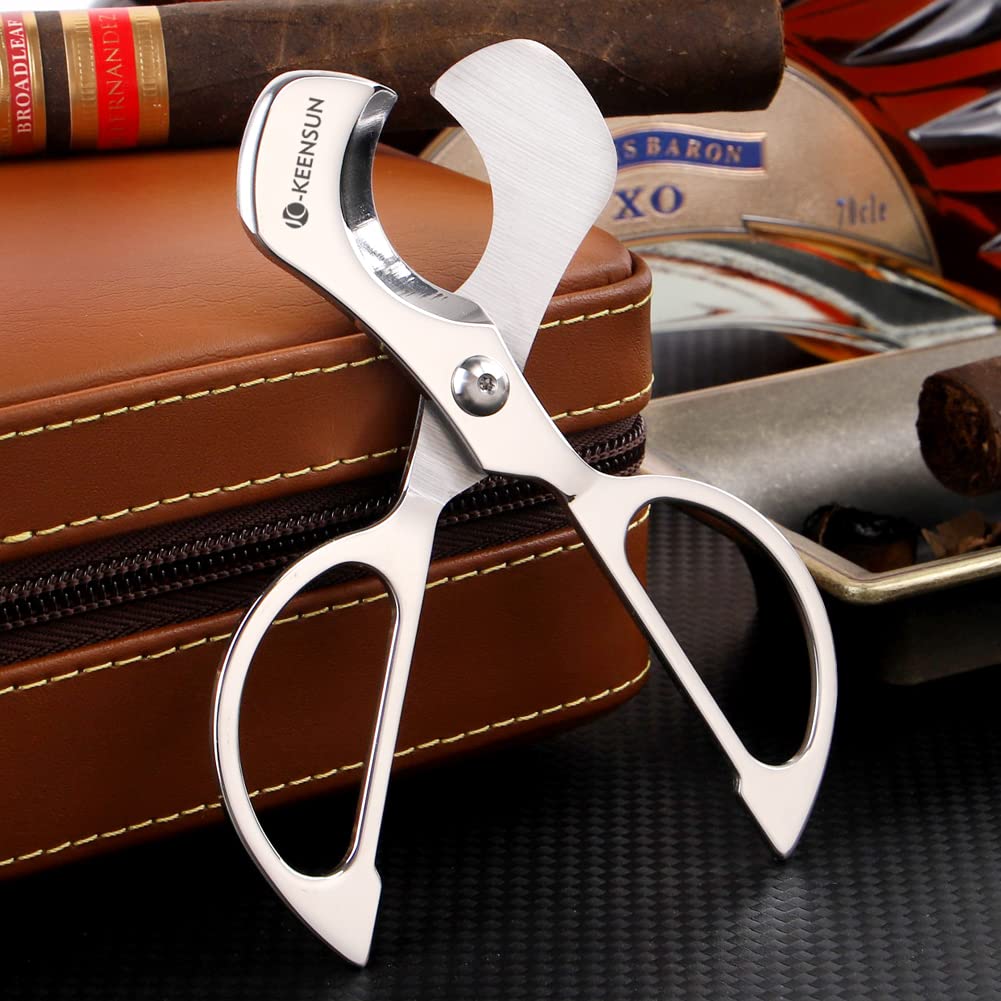 KEENSUN Cigar Scissors Cutter, Stainless Steel Guillotine Double Blade Straight Cut Scissors (Silver) with Leather Case - Image 2