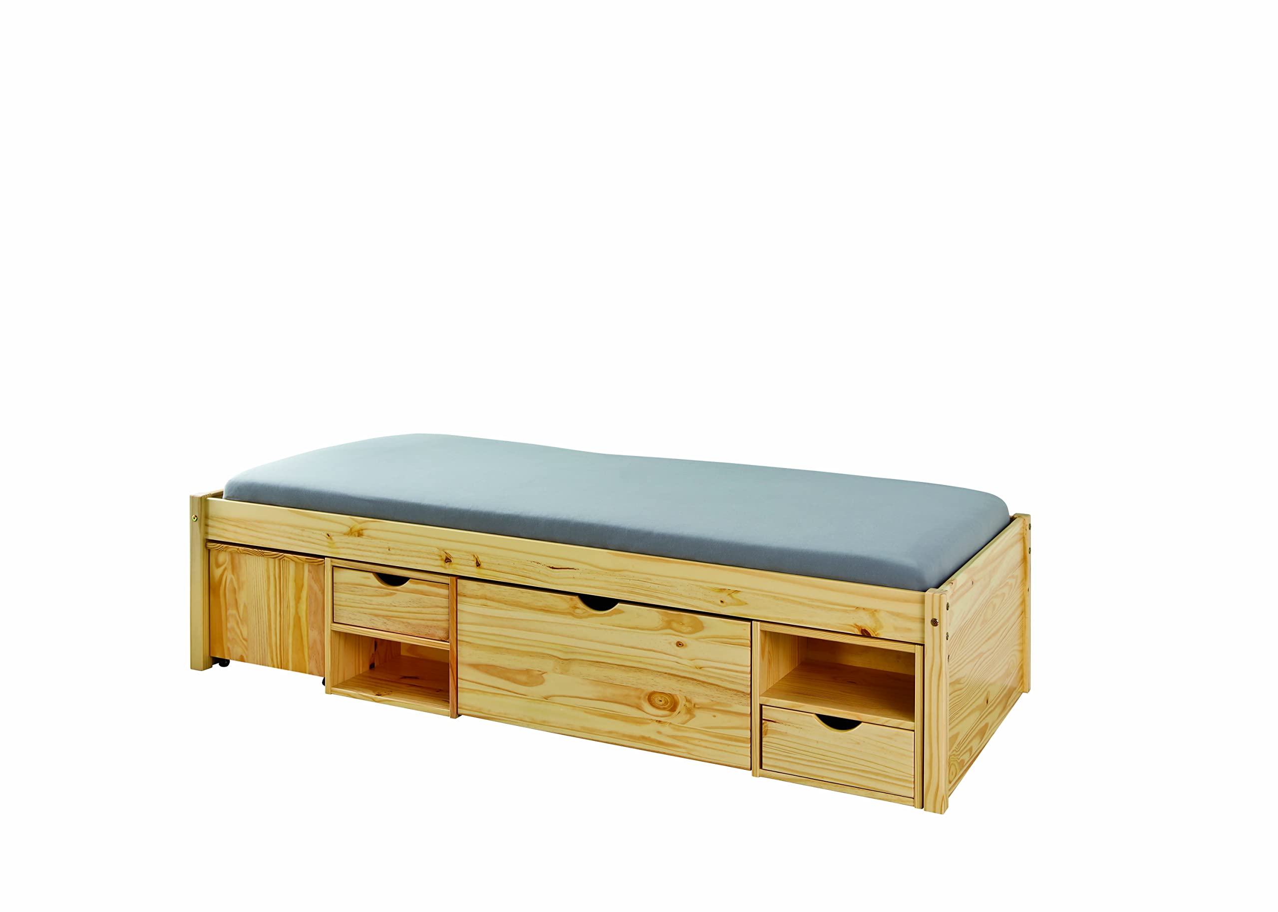 Inter Link - Einzelbett mit Schubladen – Kojenbett mit Stauraum – Praktisches Jungendbett – Kiefer massivholz – Natur lackiert – Platzsparendes Jugendzimmer Einzelbett – Claas 90 x 200cm