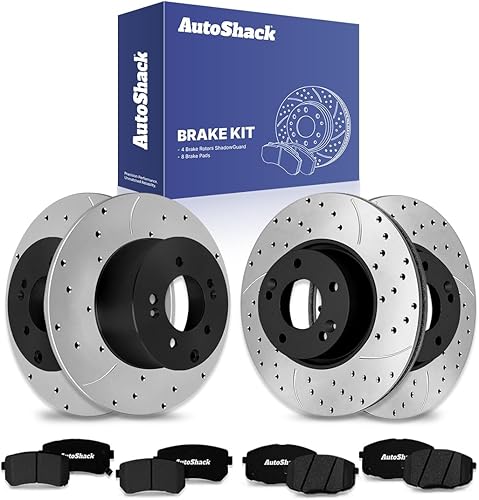 AutoShack BRAKEPKG395 - Juego de rotores de freno perforados y ranurados delanteros y traseros, color negro y pastillas de cerámica, repuesto para