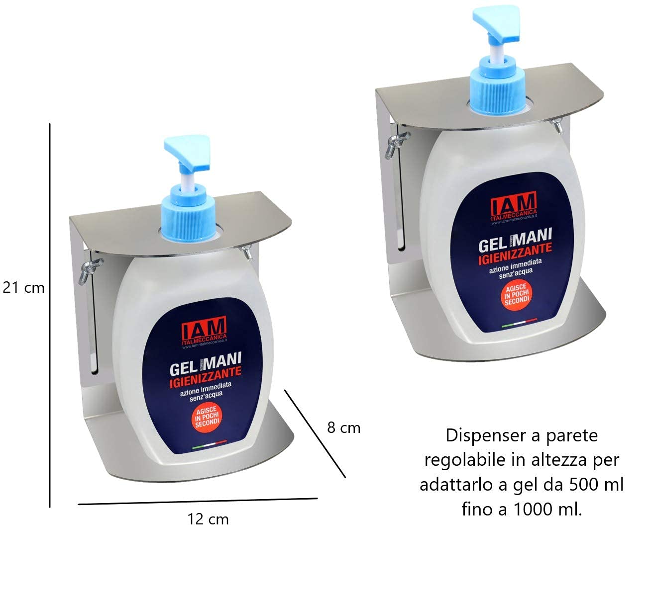 IAM- Due Dispenser gel mani da muro porta gel igienizzante da 500 a 1000 ml a parete per ufficio, scuola, bagno, tutte le attività pubbliche e private (2 Dispenser a Parete)