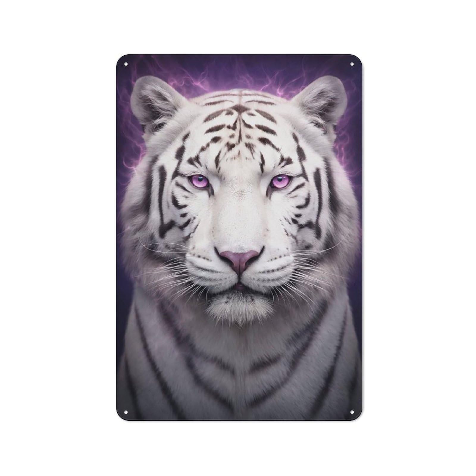 Junmoney Style-4 Tin Wall Plaque 30X20cm With White Tiger With Purple Aura For Workshop Wall, With Clear Retro Wall Decor Character
