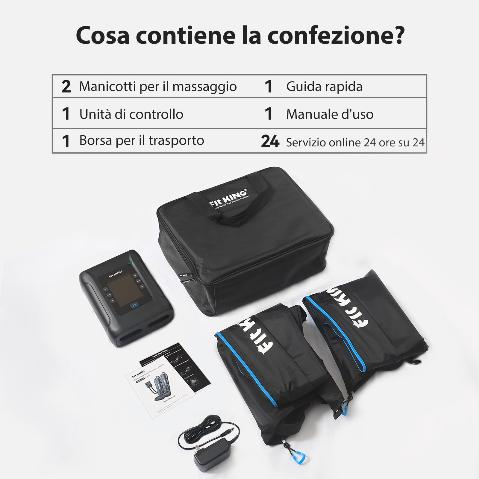 FIT KING Massaggiatore Gambe a Compressione d‘Aria Ricaricabile Senza Fili, Massaggio con 4 Zone Regolabili, 3 Modalità e 11 Intensità, Ideale per Recupero Sportivo e Relax Quotidiano (Medio)
