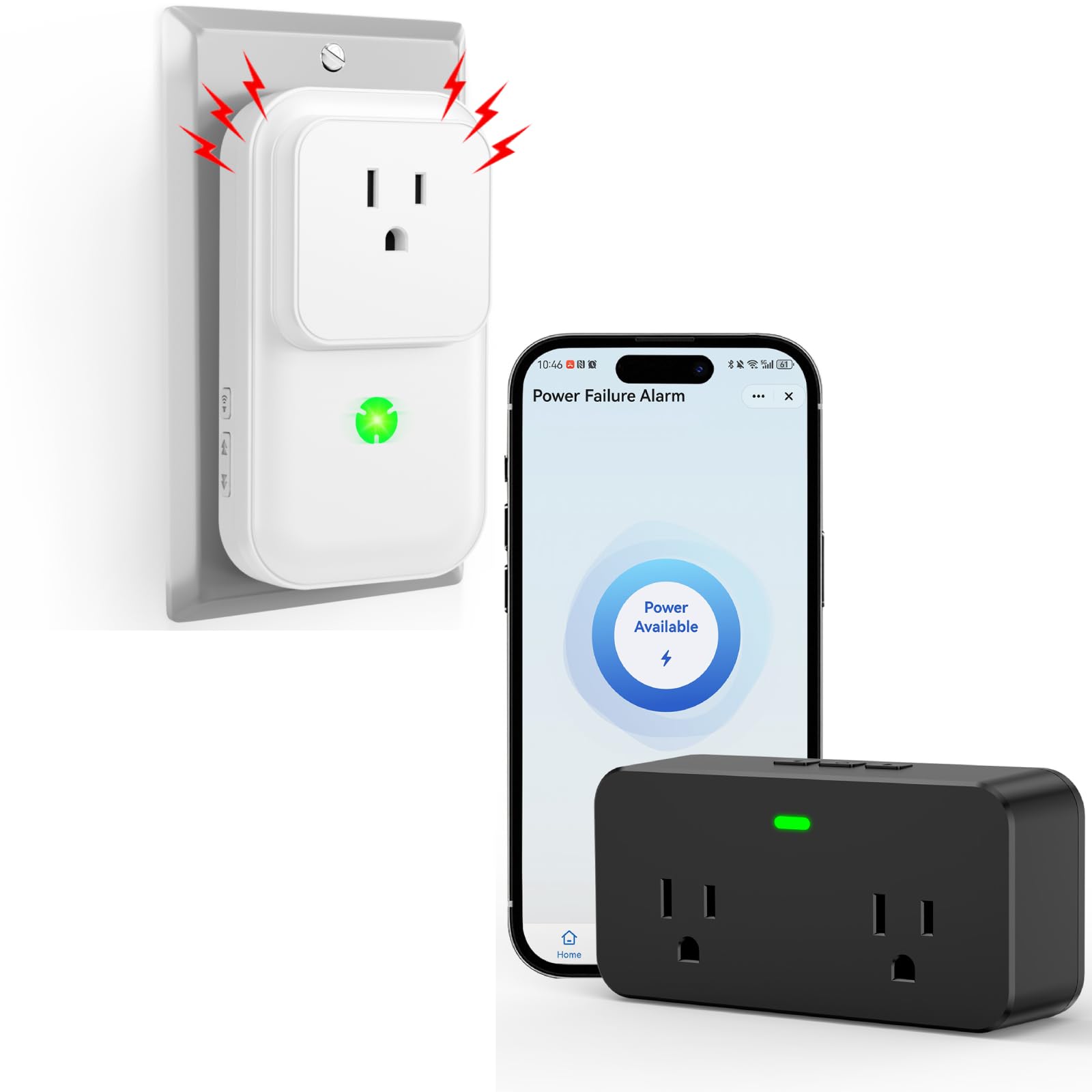 Power Failure Alarm White with 2 Sockets WiFi Power Failure Alarm Black