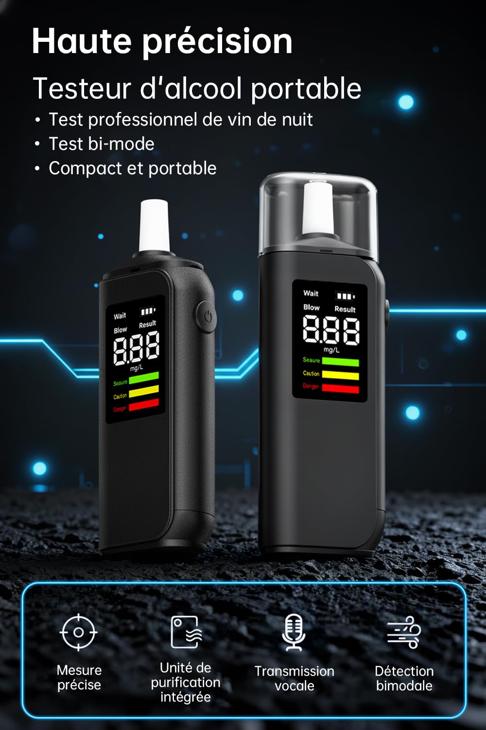Alcootest Ethylotest Electronique, HD LED d'Affichage Numérique, Charge Type-C, Capteur Haute précision, Deux méthodes de test, Avec 8 embouts, pour un usage personnel, domestique et professionnel