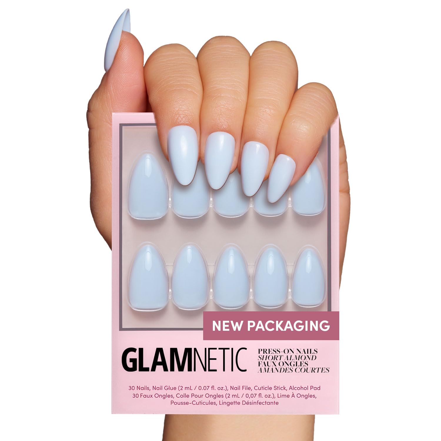 Glamnetic Press On Nails - Blueberry Milk | Solid Opaque Light Blue Short Almond Nails, Reusable | 15 Sizes - 30 Nail Kit