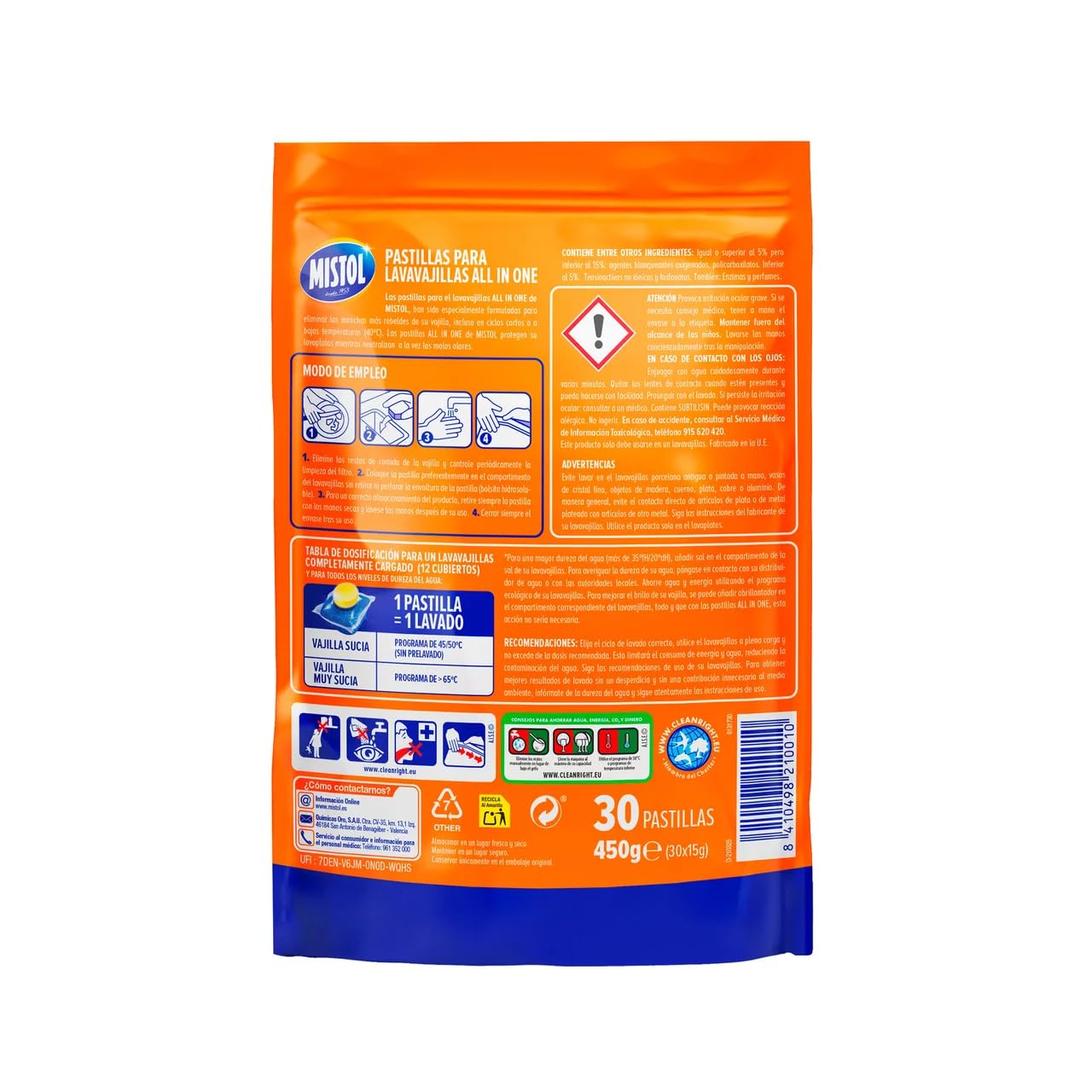 Detergente per lavastoviglie All in Uno, 30 pezzi, 450 g, confezione da 6