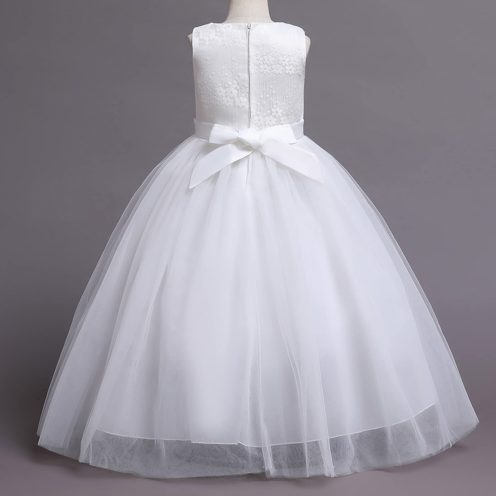 IWEMKE Enfants Filles Robe Mariage Tulle Dentelle Robe Princesse Longue Fleur Brodée Soirée Demoiselle d'honneur Robe Tutu sans Manches pour Pageant Baptême Fête Anniversaire Carnaval 3-12 Ans