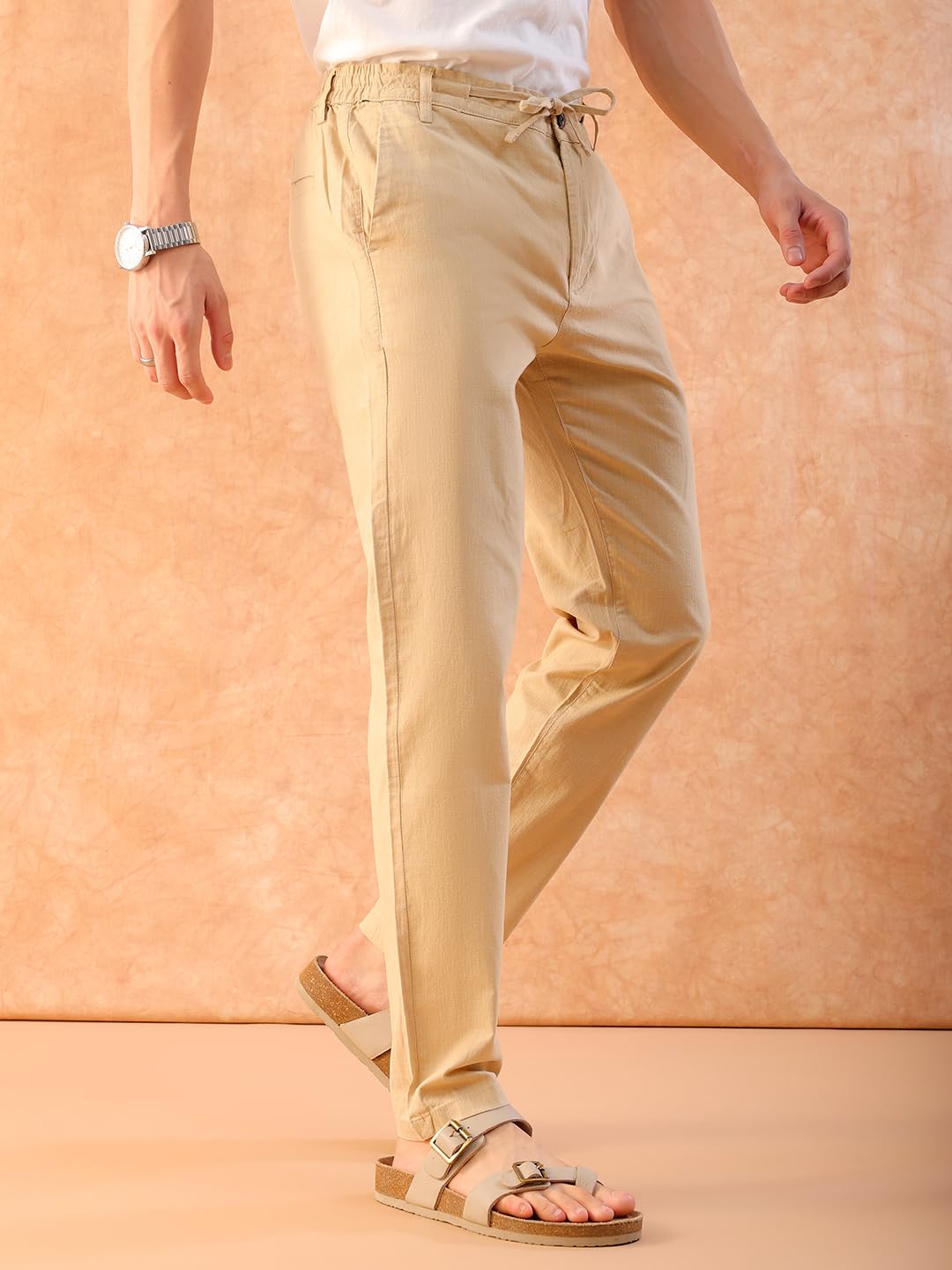 The Indian Garage Co Męskie spodnie slim fit Solid Mid-Rise elastyczne lniane spodnie