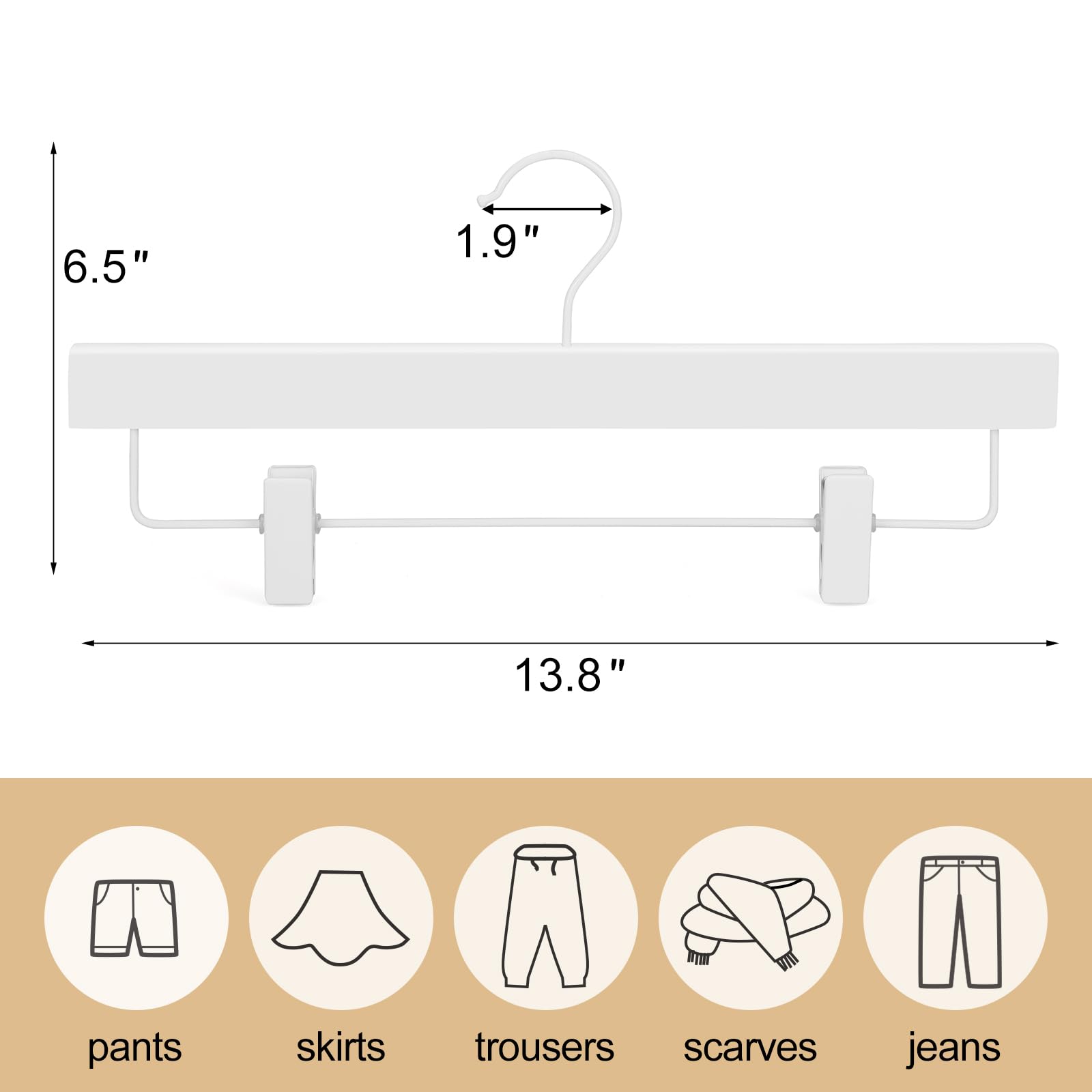 TOPIA HANGER 10-Pack Wood Pants Hangers With Clips | Adjustable Skirt & Trouser Hangers With Swivel Hook - White