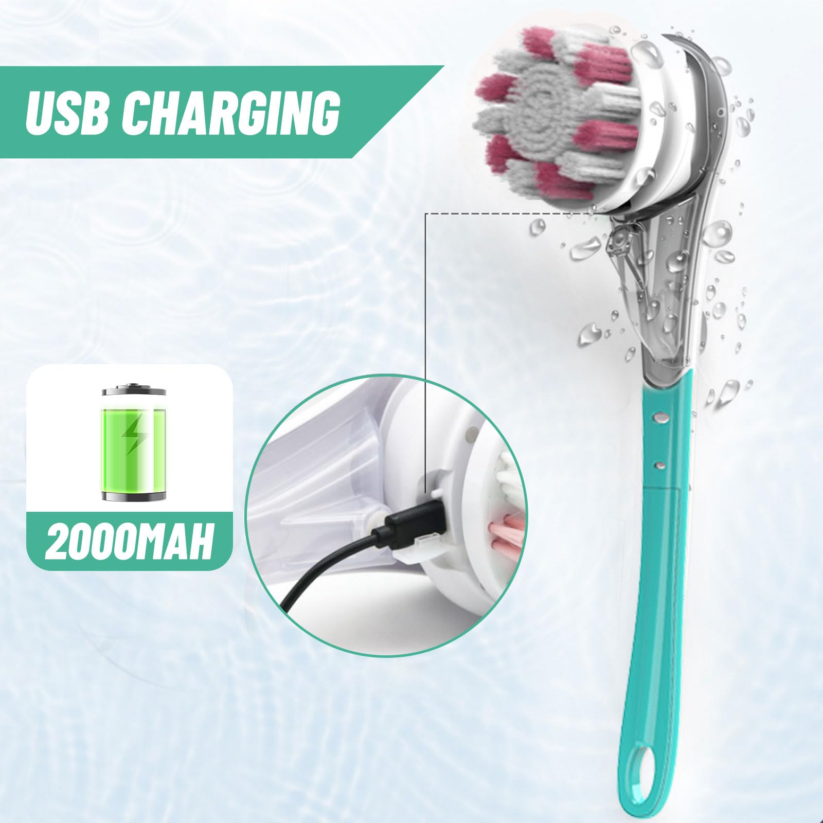 Elektrische Duschbürste,Körperbürste Rückenbürste mit Langer Griff,Rückenbürste Dusche Massagebürste mit 6 Reinigungsköpfen,Elektrisch Duschbürste Badebürste für Spa Dusche Peeling Massagebürste(Blau)