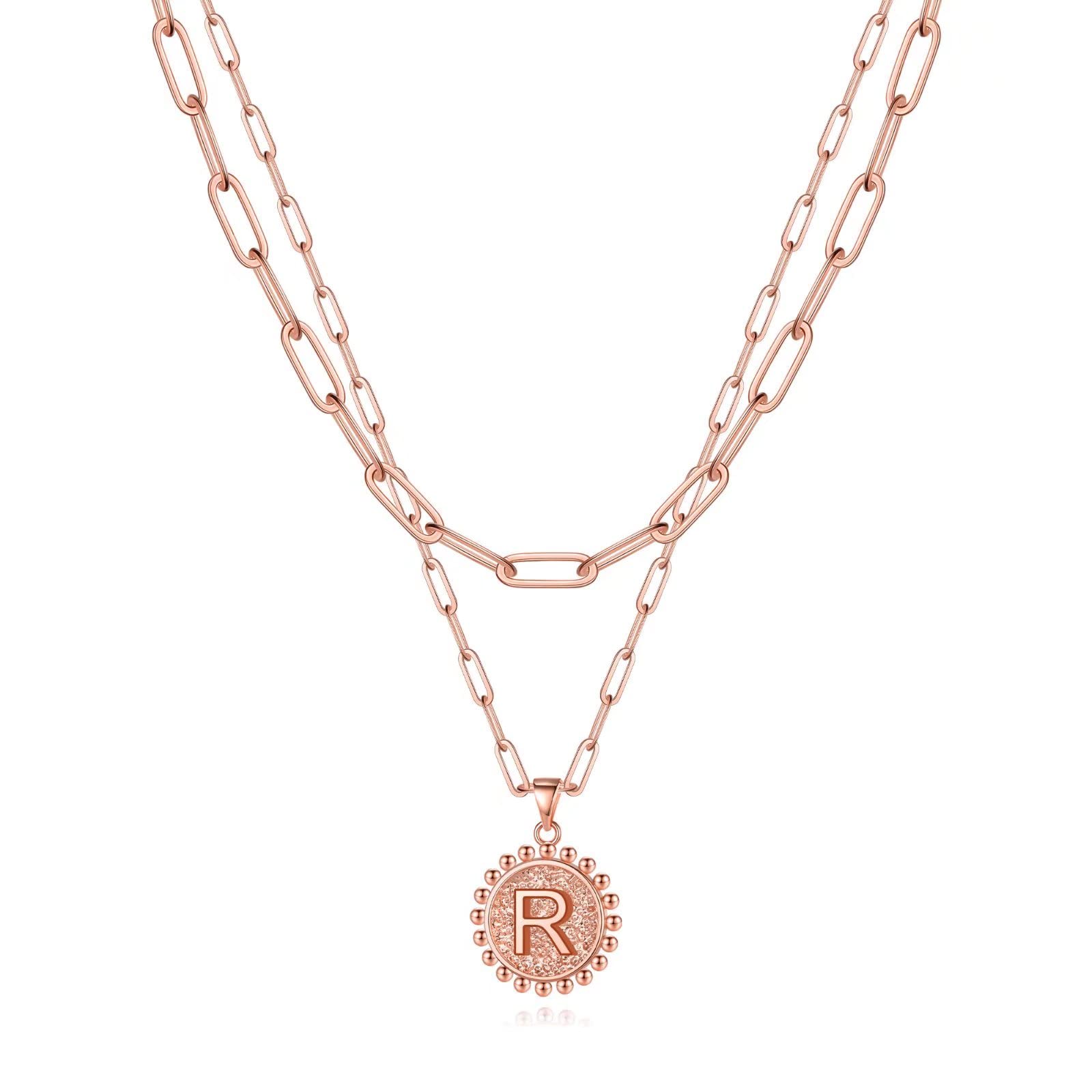 YoosteelGold Initial Necklaces for Women, 14K Gold Plated Dainty Layering Paperclip Link Chain Necklace Personalized Coin Initial Layered Gold Necklaces for Women