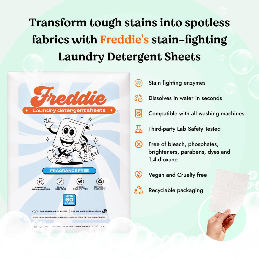Freddie Fogli per detersivo per bucato, senza profumo, 60 carichi (30 fogli), strisce concentrate ecologiche senza liquidi