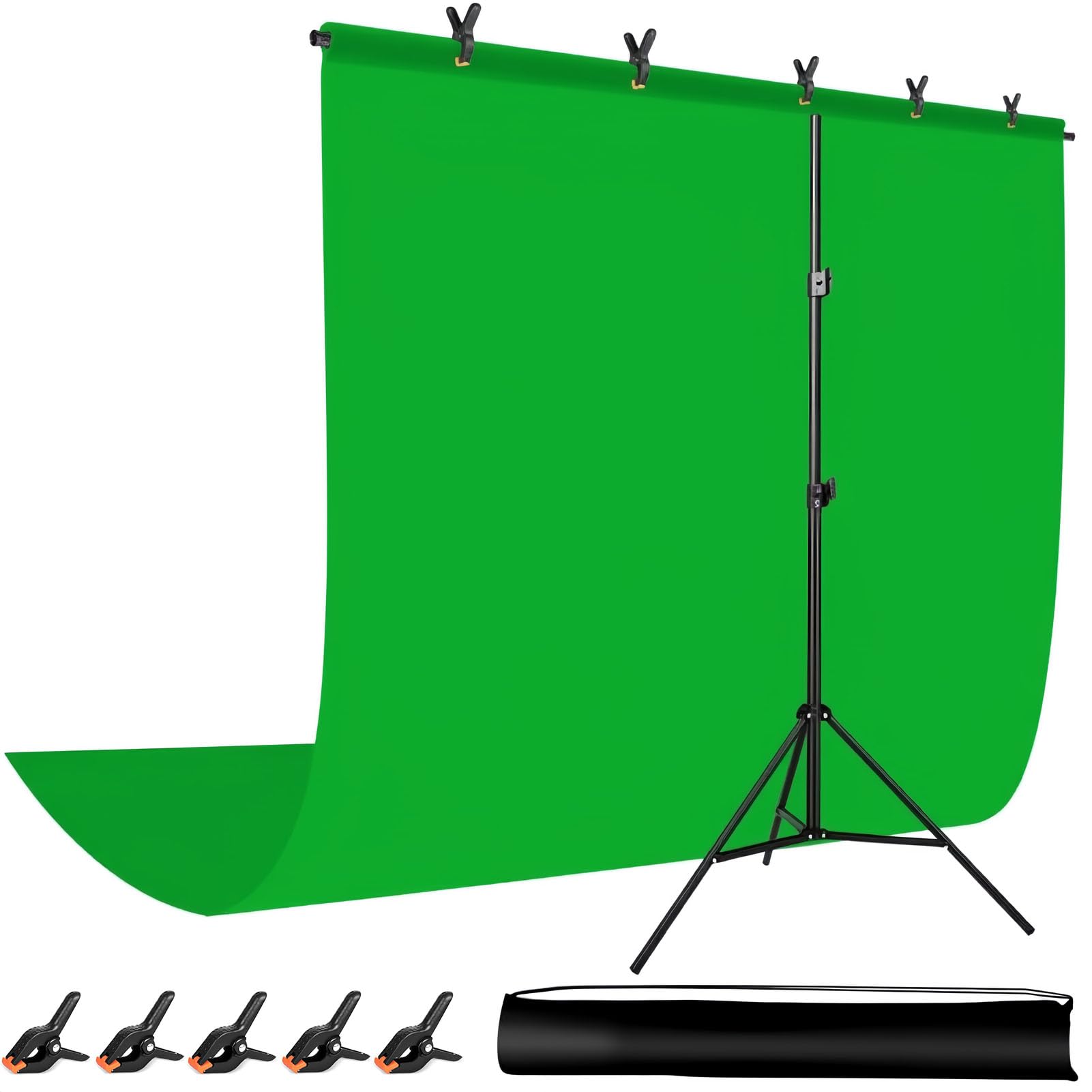 Kit de support Green Screen Backdrop - Toile de fond portable pour écran vert de 5 x 6,5 m avec support en forme de T et 5 clips pour le streaming, le jeu, le zoom