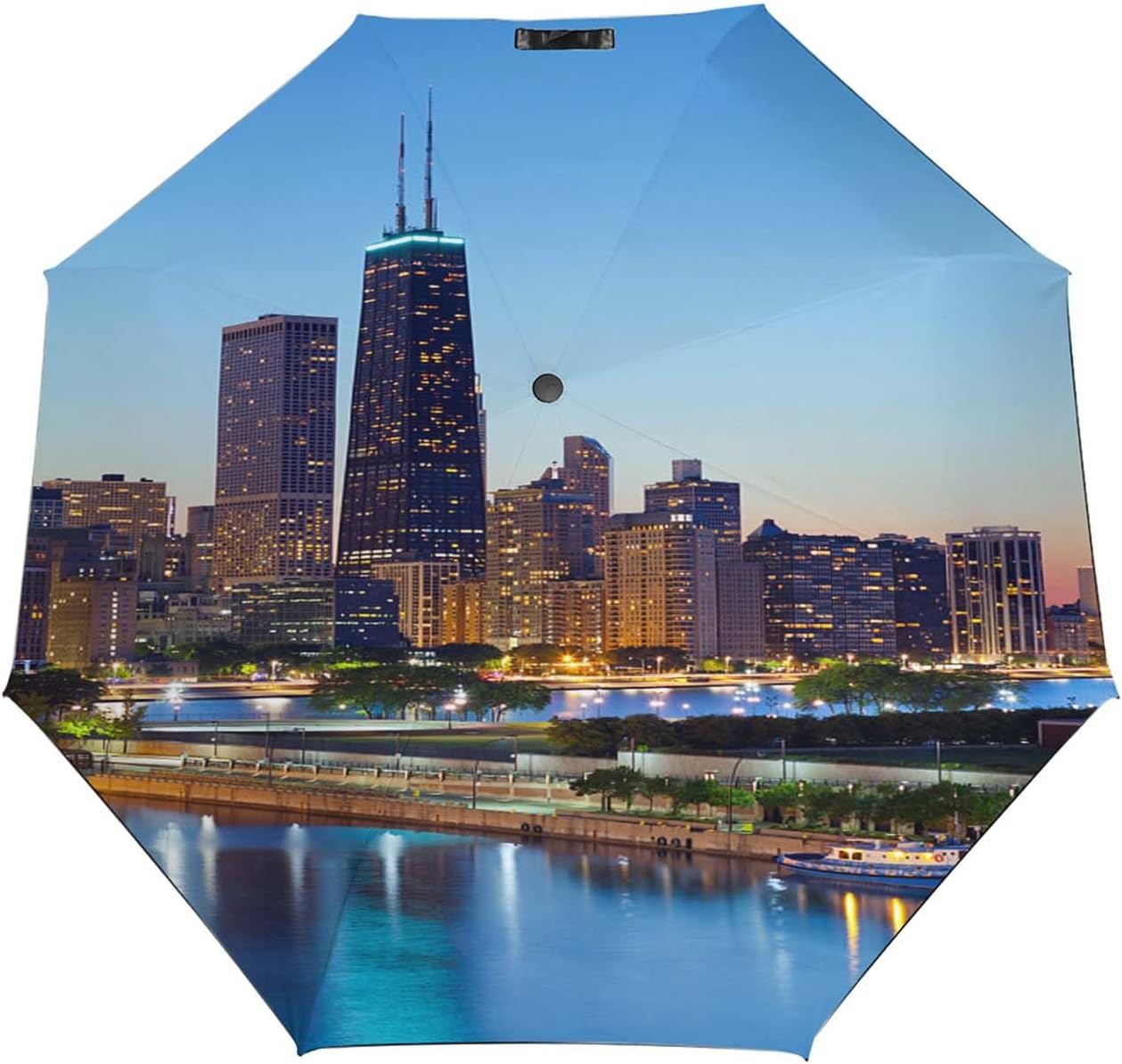 Windproof Travel Umbrella,Beautiful Chicago Skyline On Sunset,Strong Wind Resistant Compact Folding Auto Umbrella For Men And Women