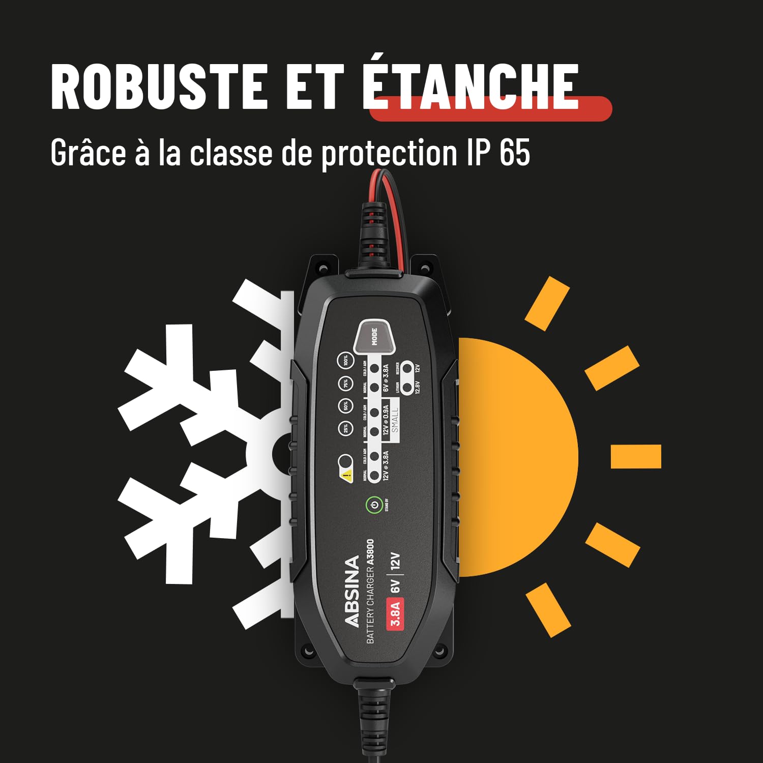 ABSINA Chargeur de Batterie Voiture 3,8 A pour Batteries Plomb 6V & 12V | jusqu'à 120Ah & Lithium 12,8V - Chargeur AGM 12V pour Auto, Moto - Maintien charge batterie - voitures