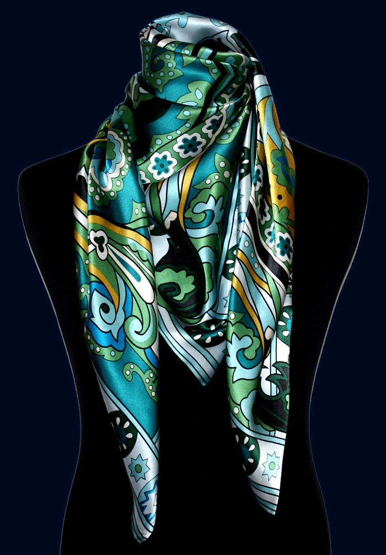 Lorenzo Cana - Luksusowa damska chusta jedwabna, 100% jedwab, XL satynowa chusta satynowa 110 cm x 110 cm misternie wielobarwny nadruk kolorowy, turkusowo-benzynowy złoty, 110 x 110 cm