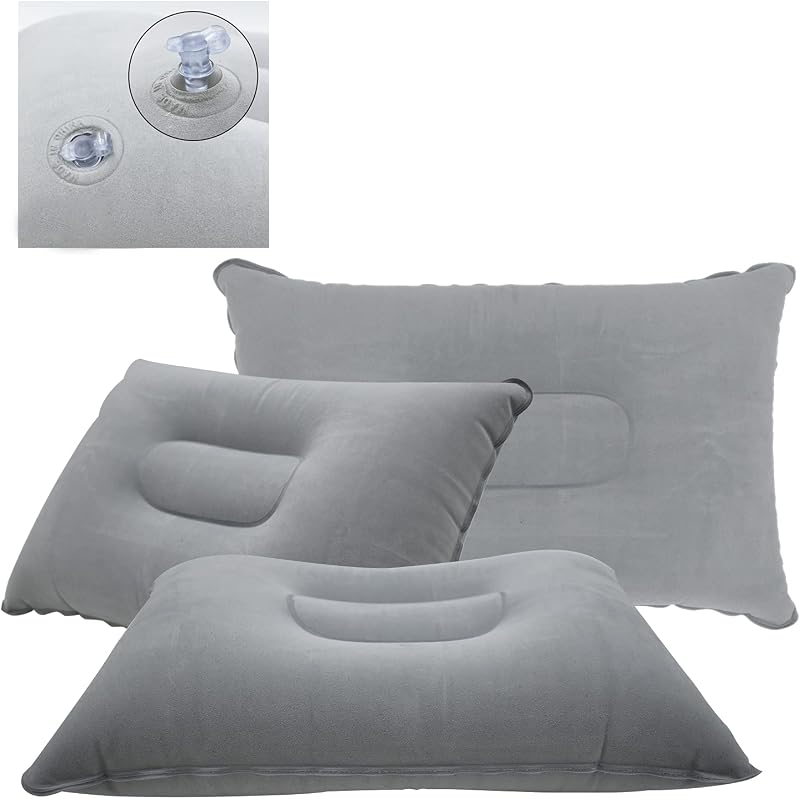 PCTC 3 Pack Ultralight Inflatable Camping Pillows, Gray | Small Squared Flocked Fabric, Air Pillow for Beach, Hiking, Travel & Napping, Neck & Lumbar Support
