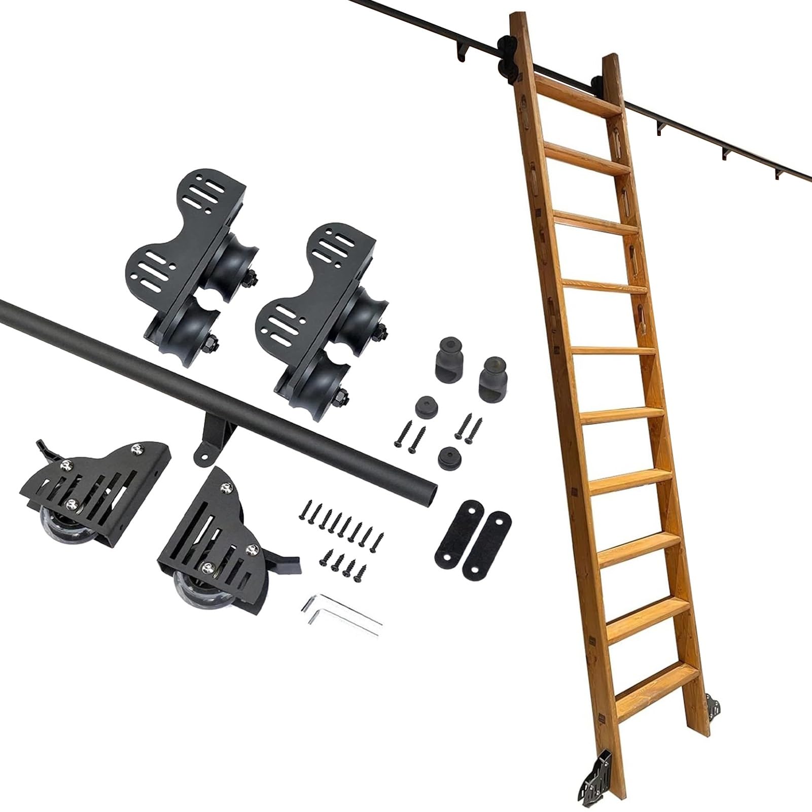 DONGGANSHI Telescopic Sliding Ladder Track Kit Library Rolling Ladder Hardware Kit(No Ladders) 3.3-20ft Black Round Track/Rail + Floor Roller,Slide Roller System(10ft/300cm Track kit)
