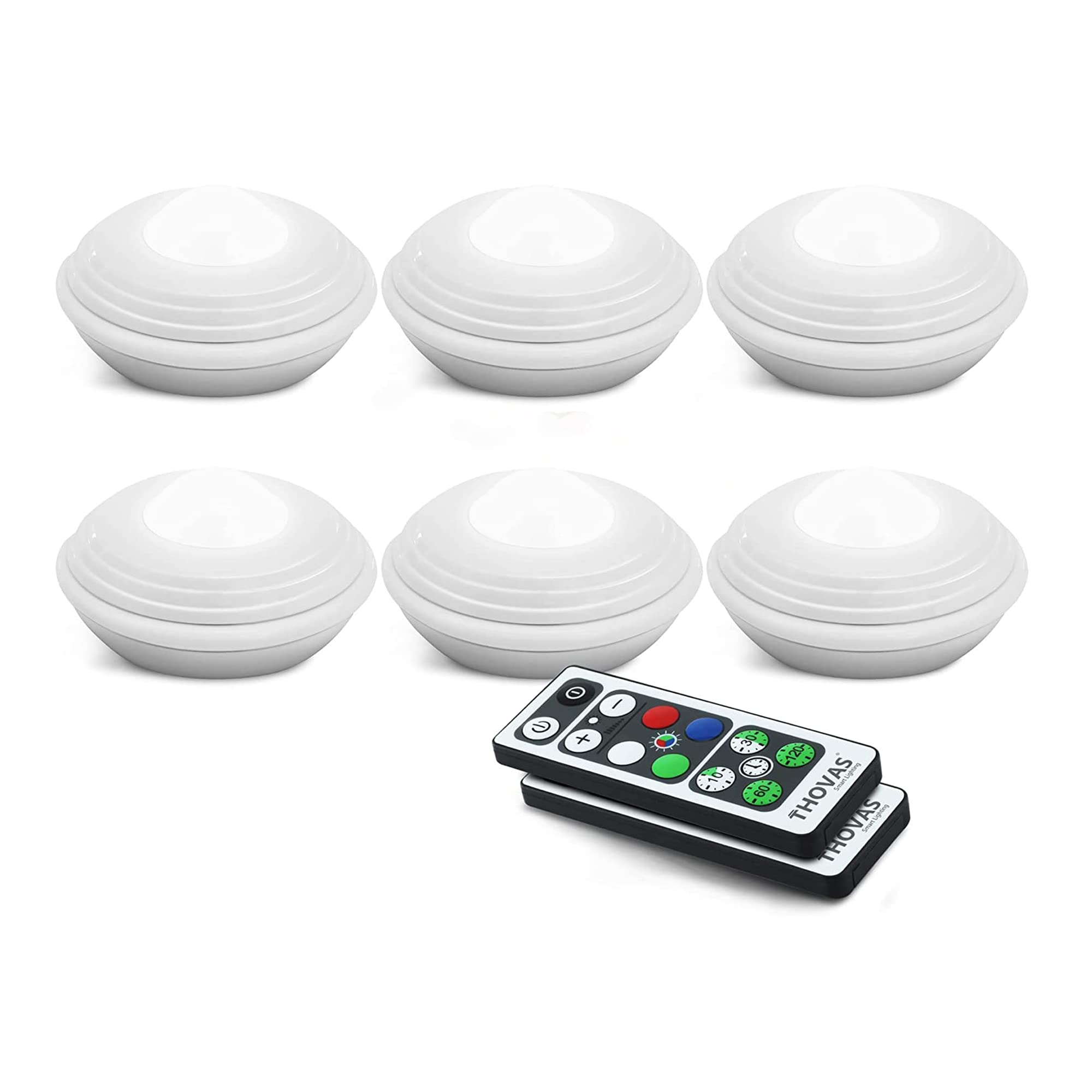 THOVAS Tap Light Push Lights, Under Cabinet Lights Wireless, Color Changeable Showcase Lights, LED Closet Lights, Puck Lights with Remote, Under Counter Light for Wardrobe, Kitchen (6 Pack) [Energy Class A+]