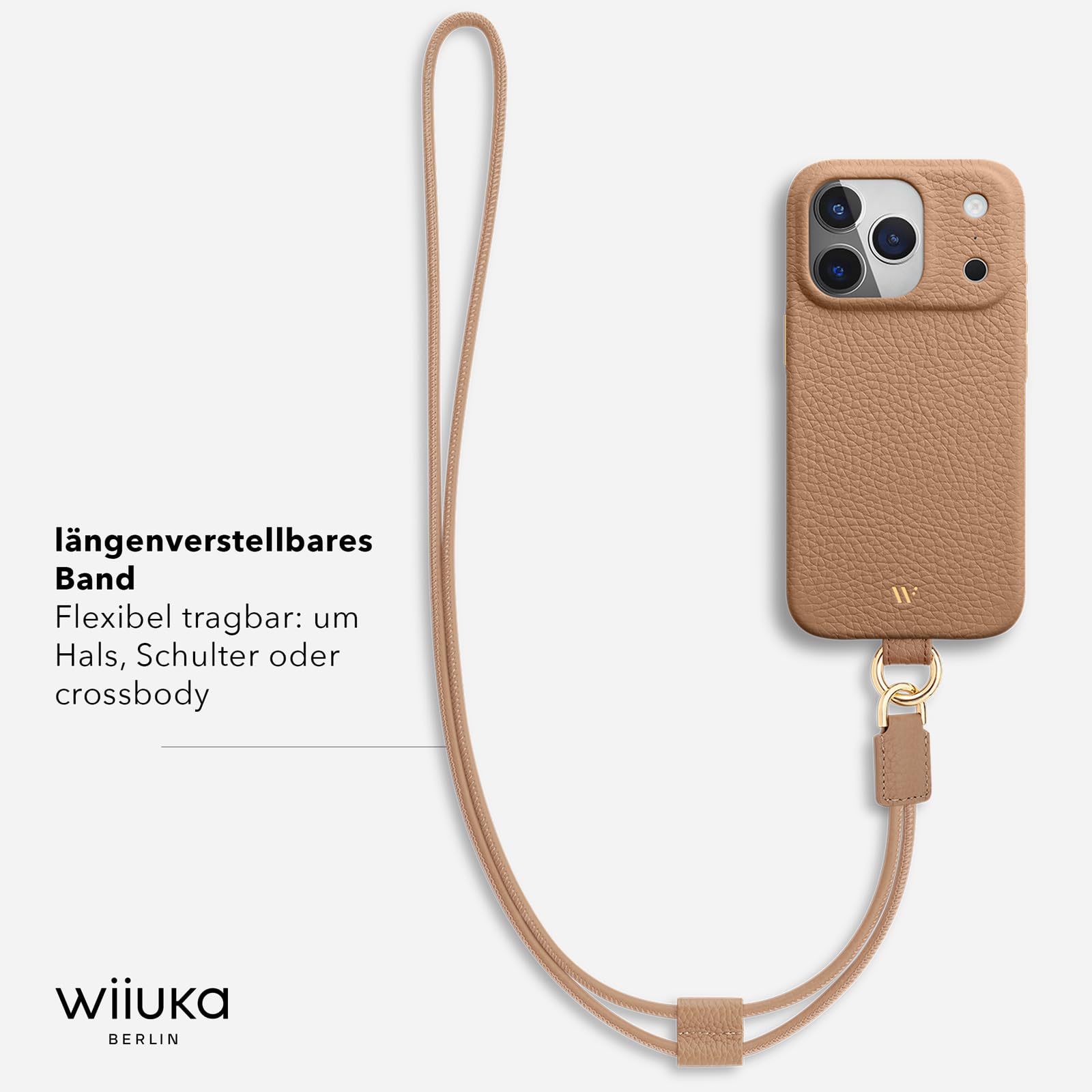 WIIUKA Funda para iPhone 17 Pro Max, piel de Alemania, funda de piel para teléfono móvil, funda para teléfono móvil, funda para teléfono móvil, funda de cadena, correa de cuello, lazo de esquí, marrón
