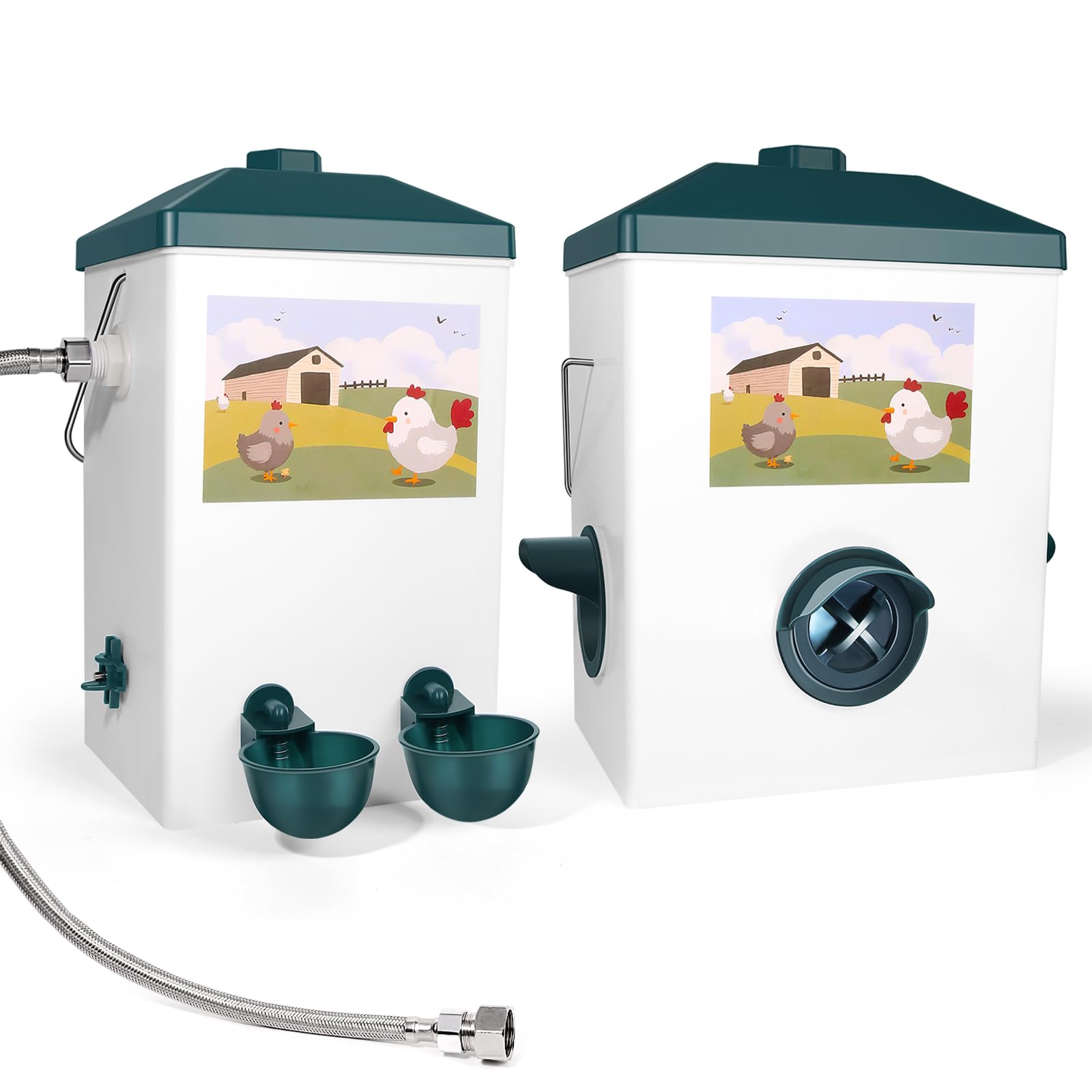 Automatic Chicken Feeder and Waterer Set, Chicken Coop Accessories, Chicken Water Nipples Cups No Waste Poultry Feeder, 3 Gallon/14 Pounds for Turkey Peafowl Quail Duck Goose