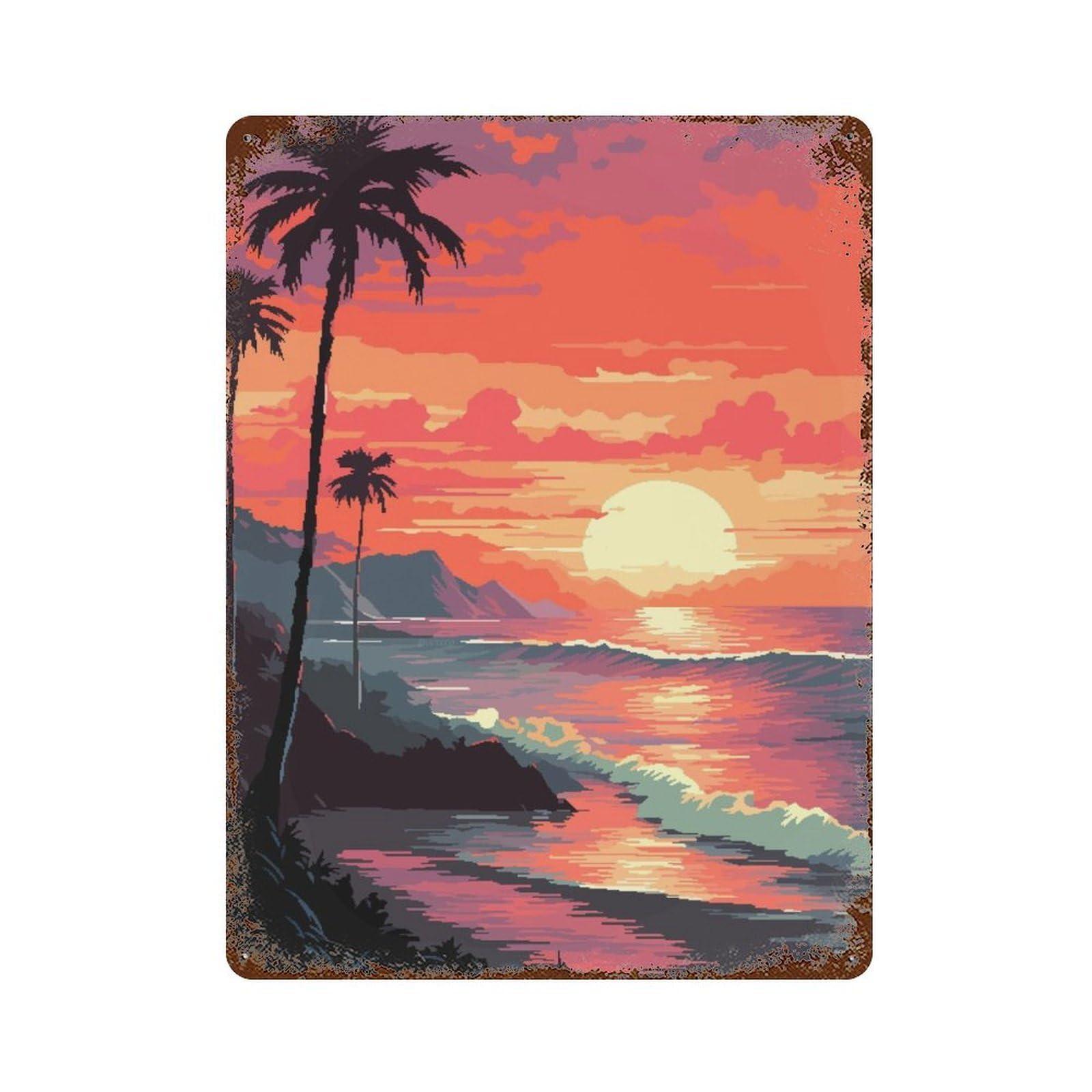 Hawaiian Sunset Pixel Art Vintage Metal Tin Sign 15.7"x11.8", Ideal for Cafe, Home Bar And Lounge Decor