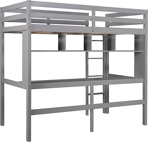 Miniatura 6 de ODC Cama tipo loft de tamaño individual con escritorio estudio para niños adolescentes cama tipo loft individual con escritorio y estantes de