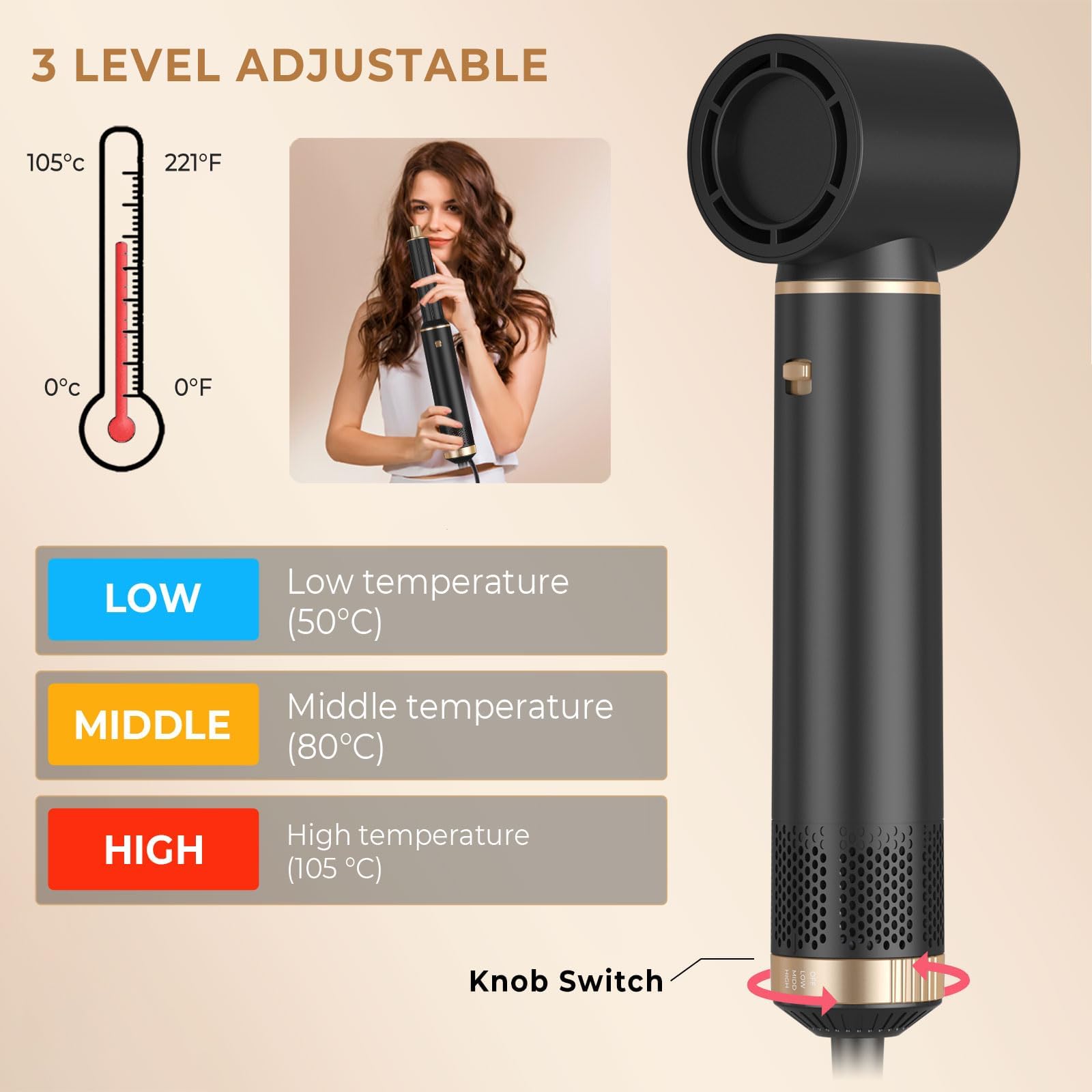 UKLISS Asciugacapelli 5 in 1 Spazzola Asciugacapelli - Hairstyler Airstyler 5 in 1 con 1000 W Asciugacapelli, Airflow Ricci per Capelli, Spazzola ad Aria Calda, Spazzola Lisciante - Nero