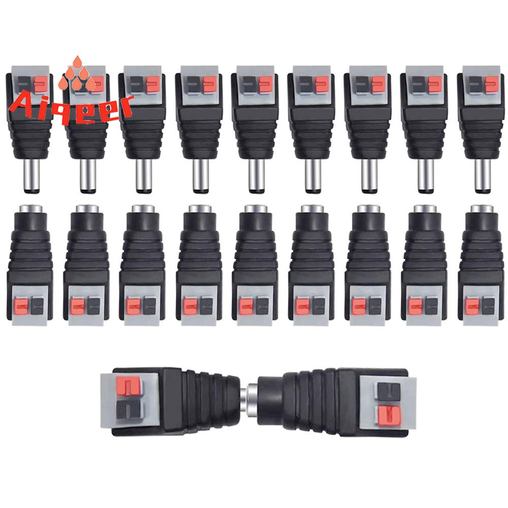 Aiqeer 10 Pairs 12V / 24V 2.1 X 5.5 mm DC Power Connector Adapter, Male Female Power Plug Socket Kit, Press Type Terminal Plug Connector, for CCTV Camera LED Strip (Gray Black)