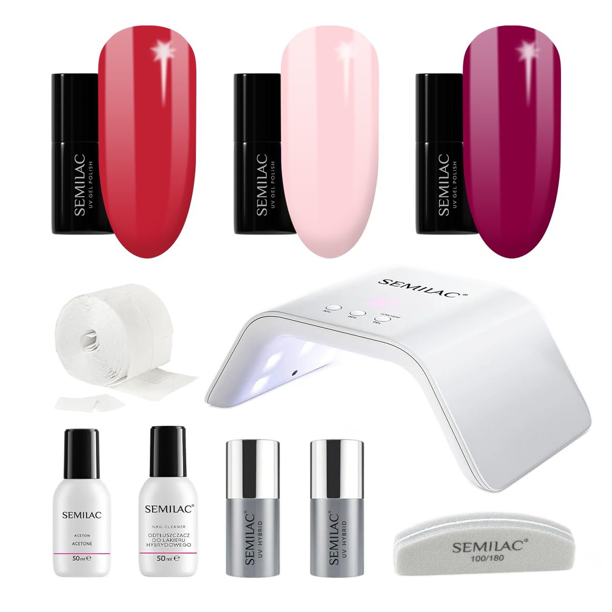 Semilac Try Me - Kit professionale per unghie in gel per principianti – 3 smalti gel per unghie UV, top coat e base, strumenti per manicure e molto altro – Bordeaux classico