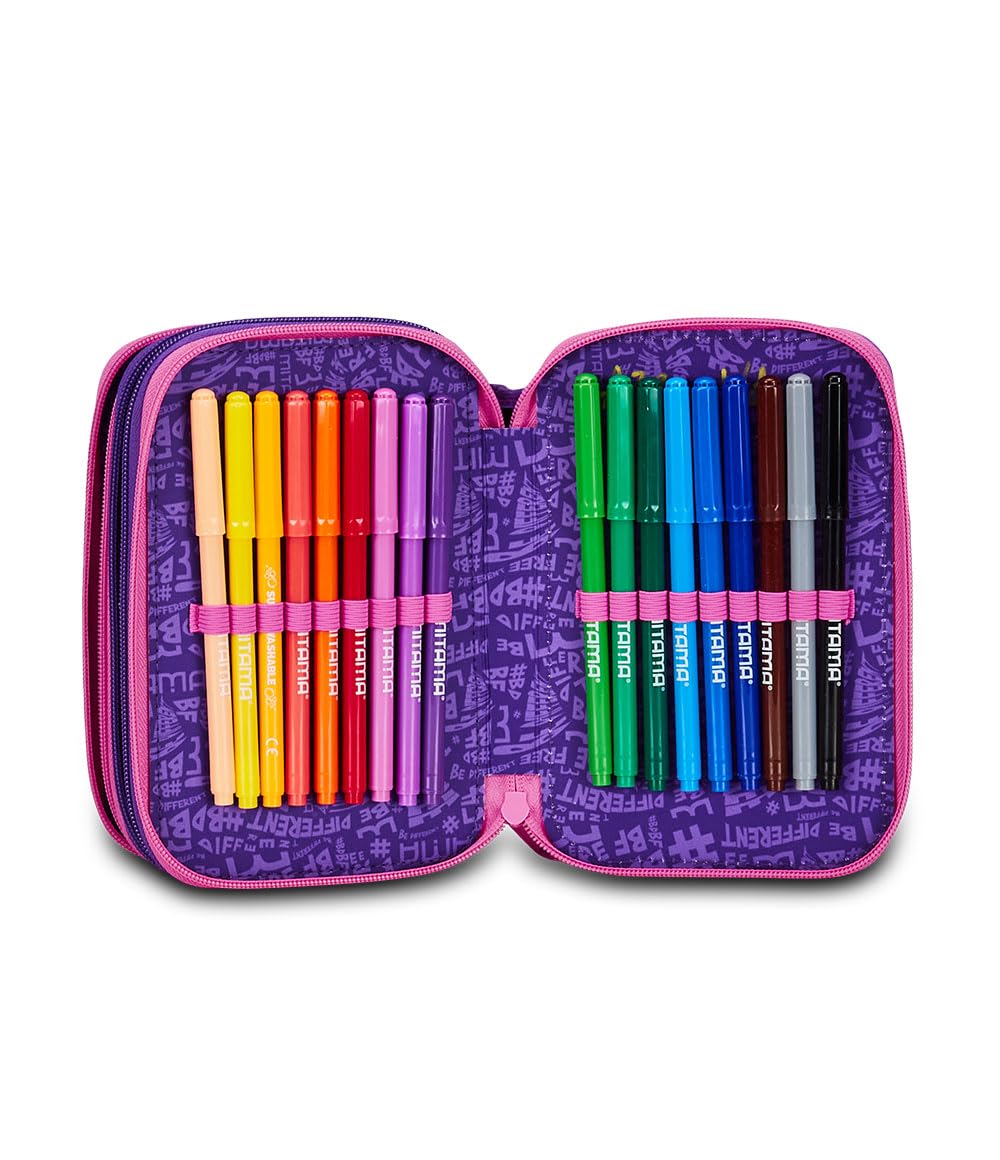 Mitama Astuccio Scuola 3 Scomparti, HEY DYE, Contenuto 47 pz, Completo di Matite, Pennarelli, Portapenne Scuola Elementare Bambina