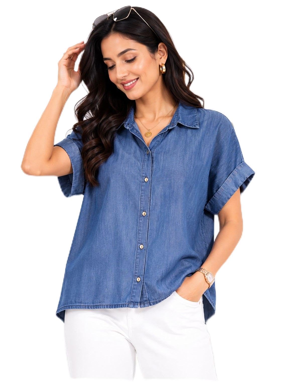 drape and dazzle Drape & Dazzle Women Denim Blue Casual Shirt | Relaxed Fit Short Sleeve Chambray Top for Women-picture-36