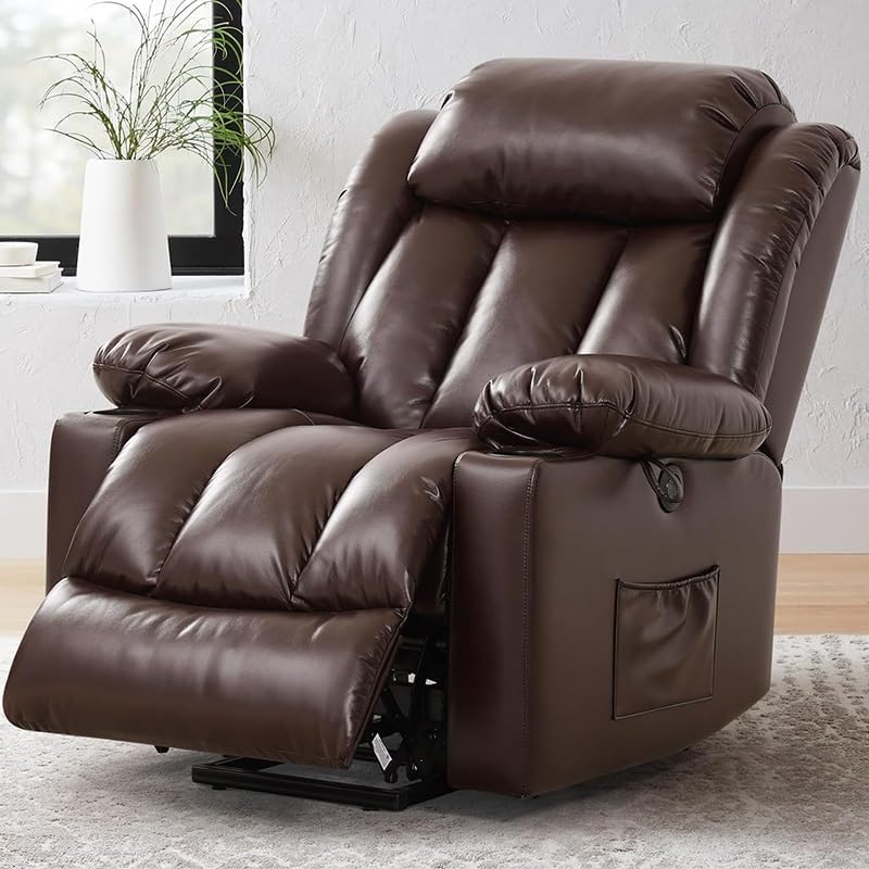 Brown Genuine Leather Electric Lift Recliner Chair Elderly Ergonomic Breathable Home Theater Reclining Sofa with Massage and Heated Side Pockets Cup Holders USB Ports Single Seat for Living Room