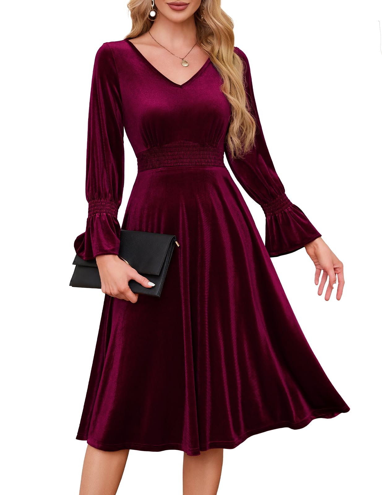 Meetjen Women's Velvet Midi Dress V Neck Long Sleeve Elastic Waist Smocked Elegant Cocktail Party Dresses 2025