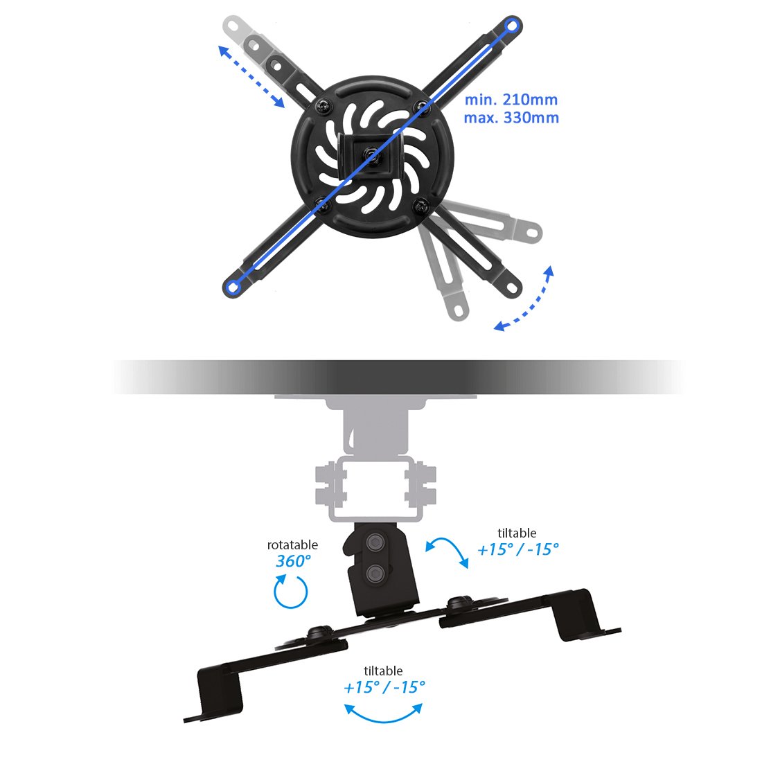 deleyCON Supporto da Soffitto Universale per Proiettore Inclinabile +-15° - Ruotabile di 360° - Portata max. 13,5kg - Gestione Cavi Integrata - Nero