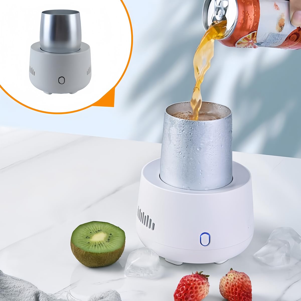 Tazza refrigerante Mood Light, refrigeratore per bevande con coperchio isolato, tazza refrigerante 2 in 1, refrigeratore elettrico per bevande per birra, caffè, succhi e yogurt - Bianco
