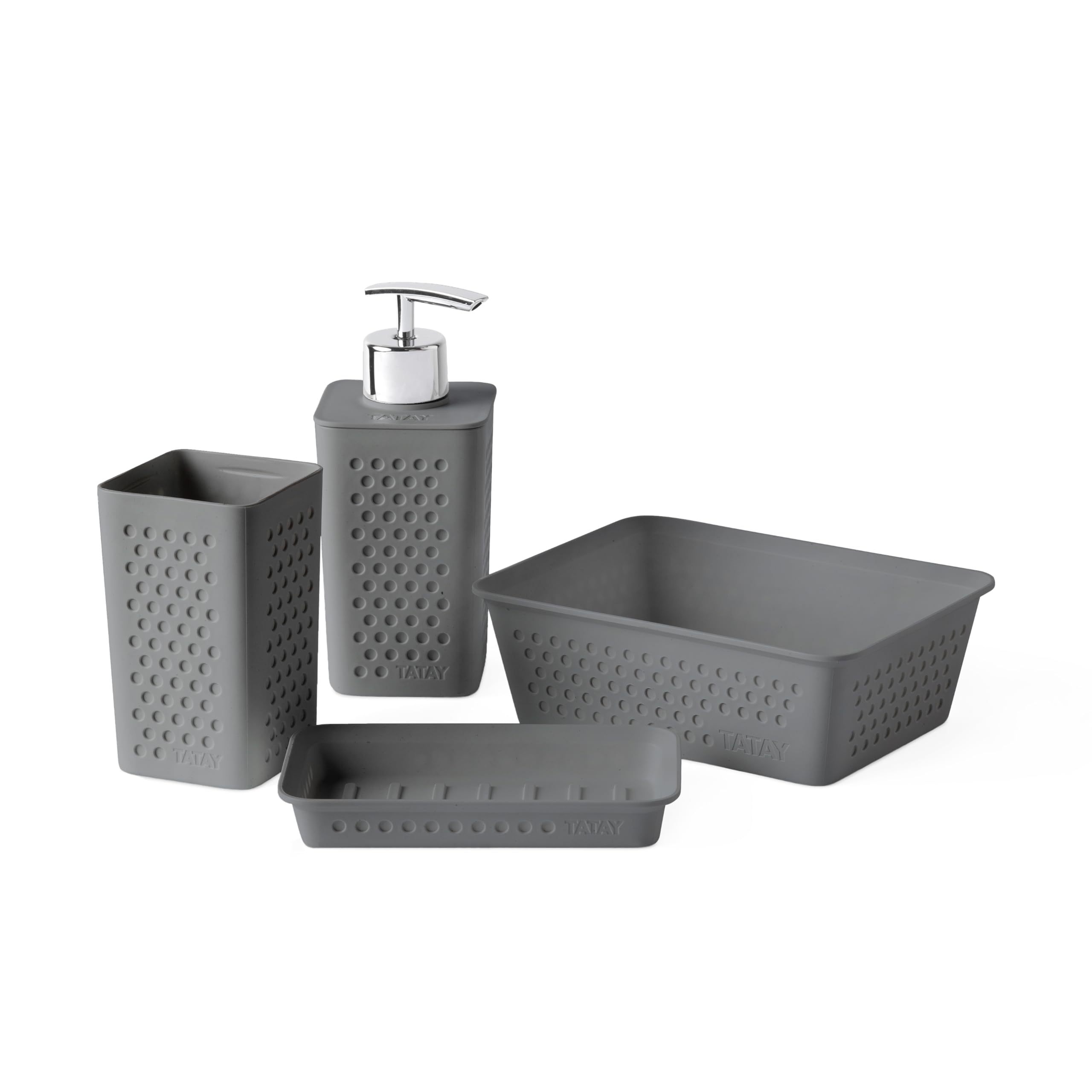 Tatay Anthracite Grey Set Of 4Pcs Bathroom Accessories (Tumbler + Soap Dispenser + Soap Dish + Organiser A6) Bohol, Polypropylene, Bpa Free, 100% Recycled Plastic,
