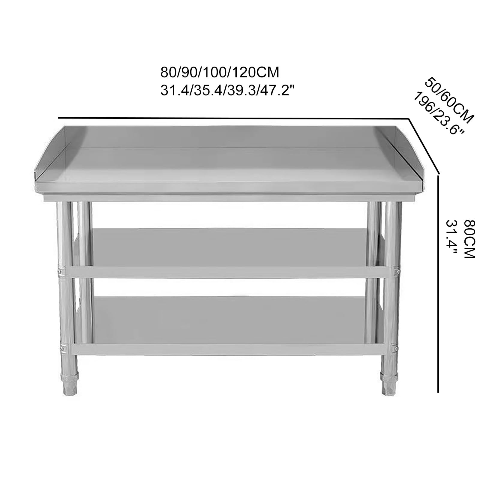 Mesa de preparación de acero inoxidable con protector contra salpicaduras de esquina, estante inferior ajustable, 3 estantes, mesa de trabajo de acero inoxidable de 90 x 50 cm para cocina y